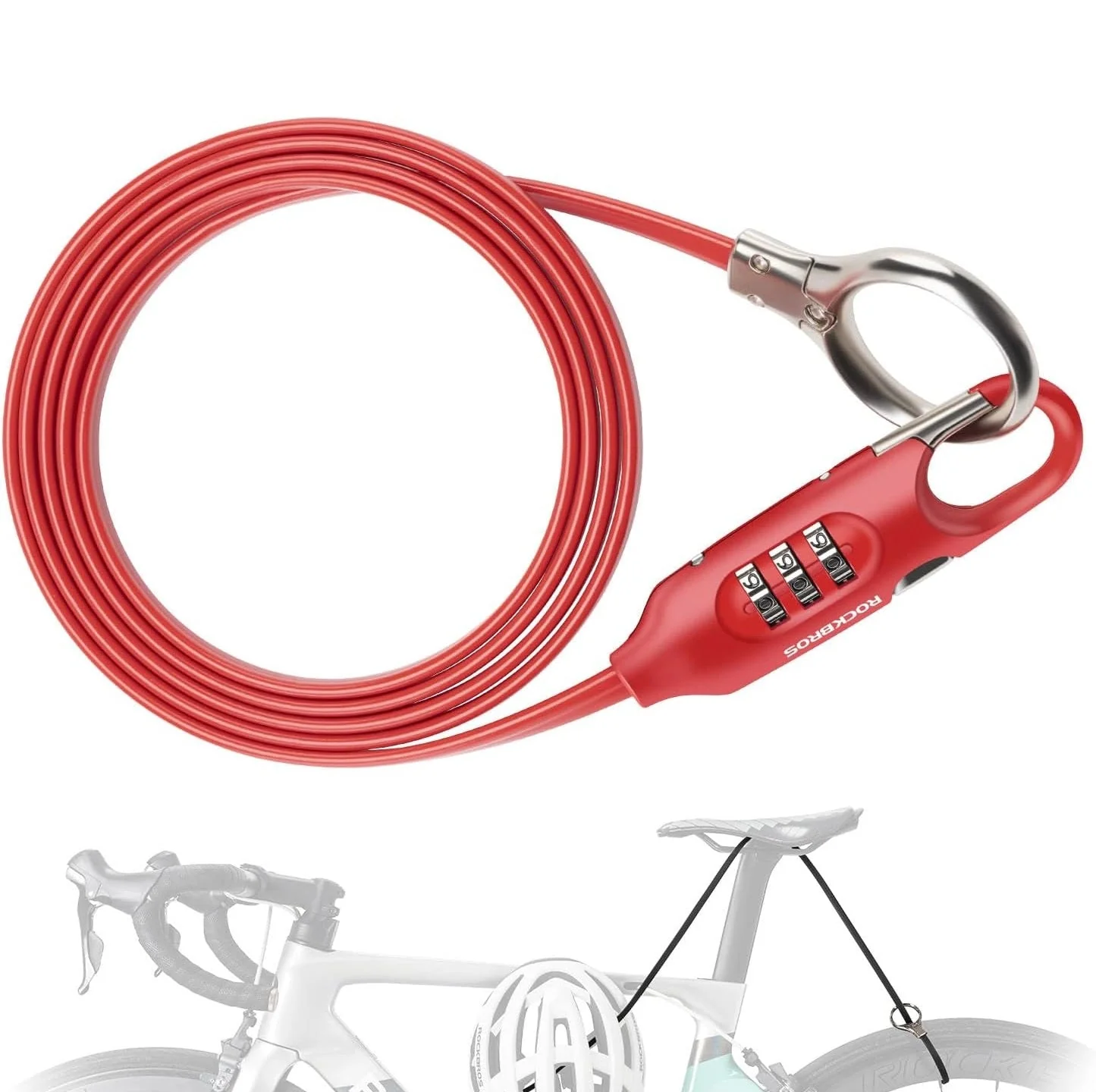 ROCKBROS candado para bicicleta candado con cable 150cm con código numérico antirrobo para bicicleta scooter cochecito de bebé rojo/negro - Imagen 4