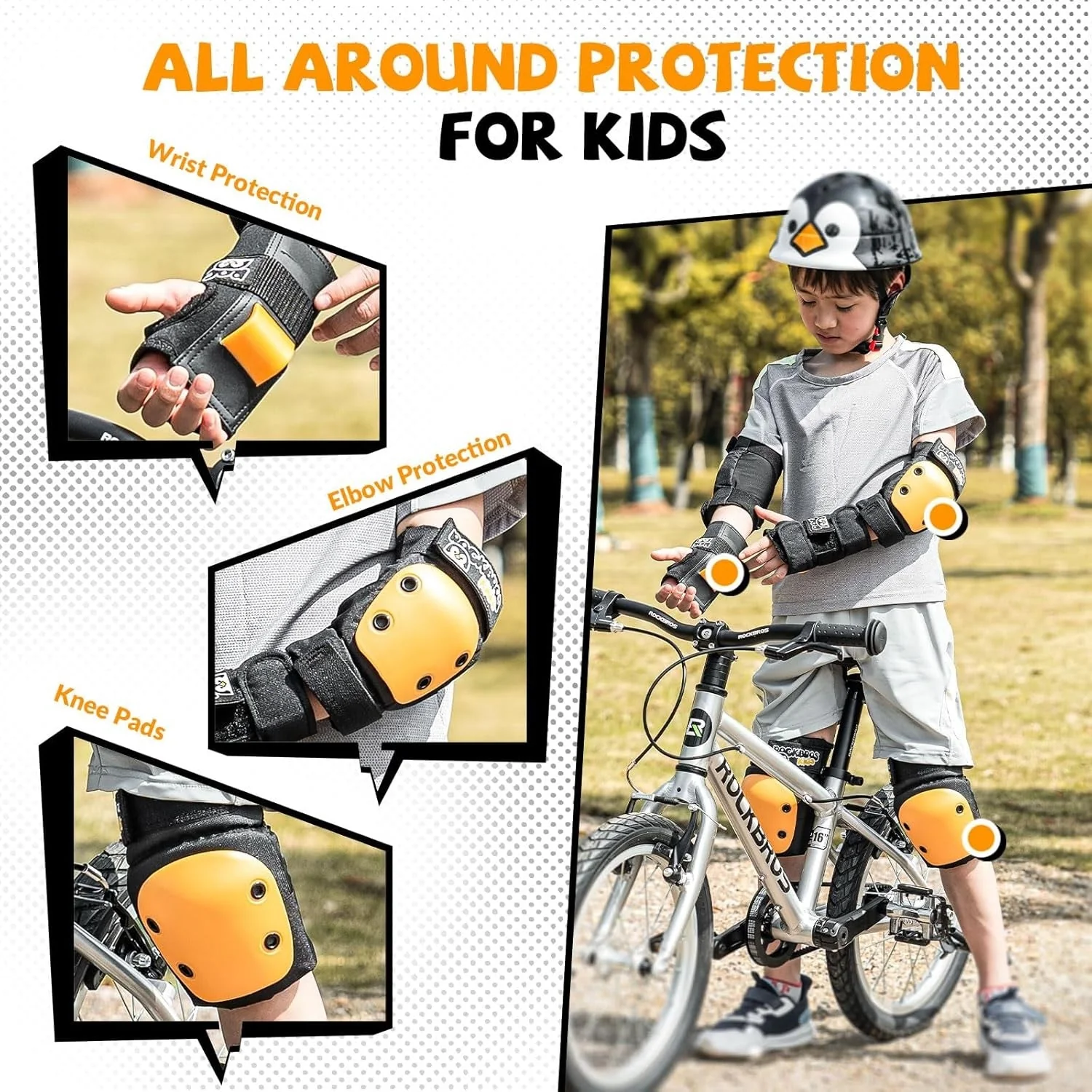 ROCKBROS rodilleras para niños 6 en 1 set protectores de patines rodilleras en línea muñequeras y coderas bicicleta skate deportes para niñas y niños - Imagen 4
