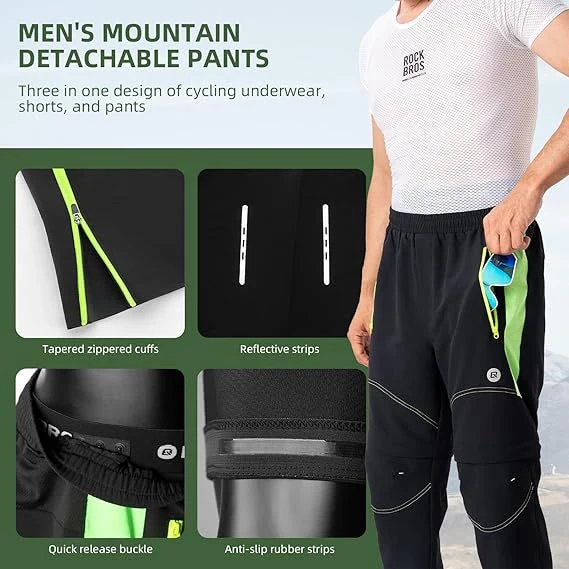 ROCKBROS Pantalones de ciclismo de doble capa, pantalones deportivos extraíbles, pantalones largos de ciclismo con acolchado de asiento, pantalones de bicicleta acolchados, para hombre, transpirables, para bicicleta de carretera MTB - Imagen 5