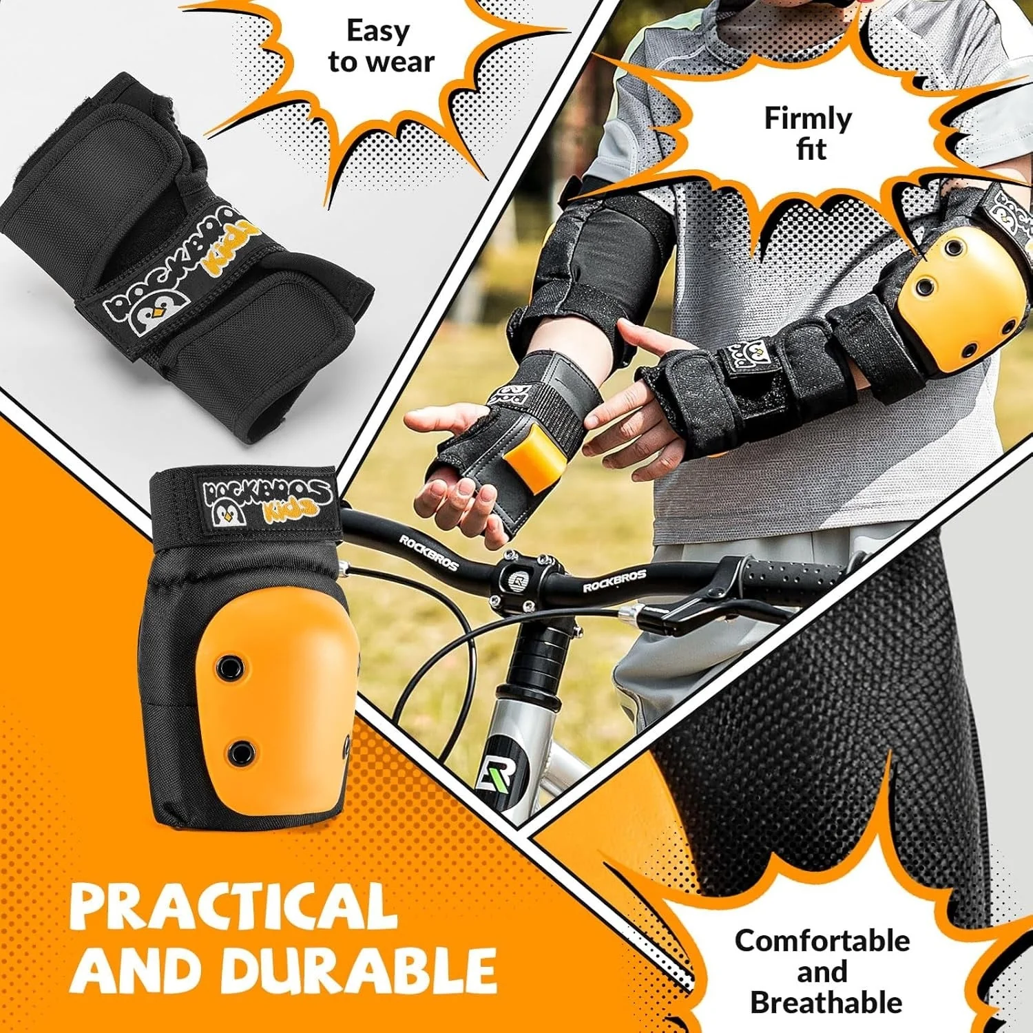 ROCKBROS rodilleras para niños 6 en 1 set protectores de patines rodilleras en línea muñequeras y coderas bicicleta skate deportes para niñas y niños - Imagen 5