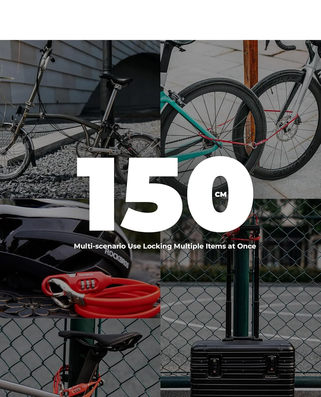 ROCKBROS candado para bicicleta candado con cable 150cm con código numérico antirrobo para bicicleta scooter cochecito de bebé rojo/negro - Imagen 8