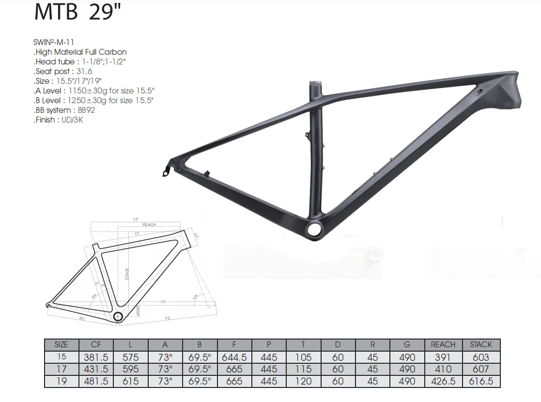 Cuadro de bicicleta de carbono RINOS T800 para MTB rígida ligero - Imagen 3