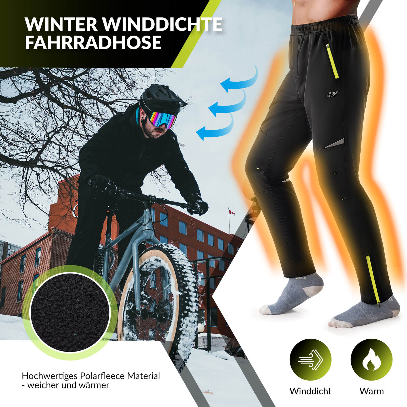 Pantalones de ciclismo para hombre, resistentes al viento y cálidos para deportes de invierno al aire libre, ROCKBROS - Imagen 4
