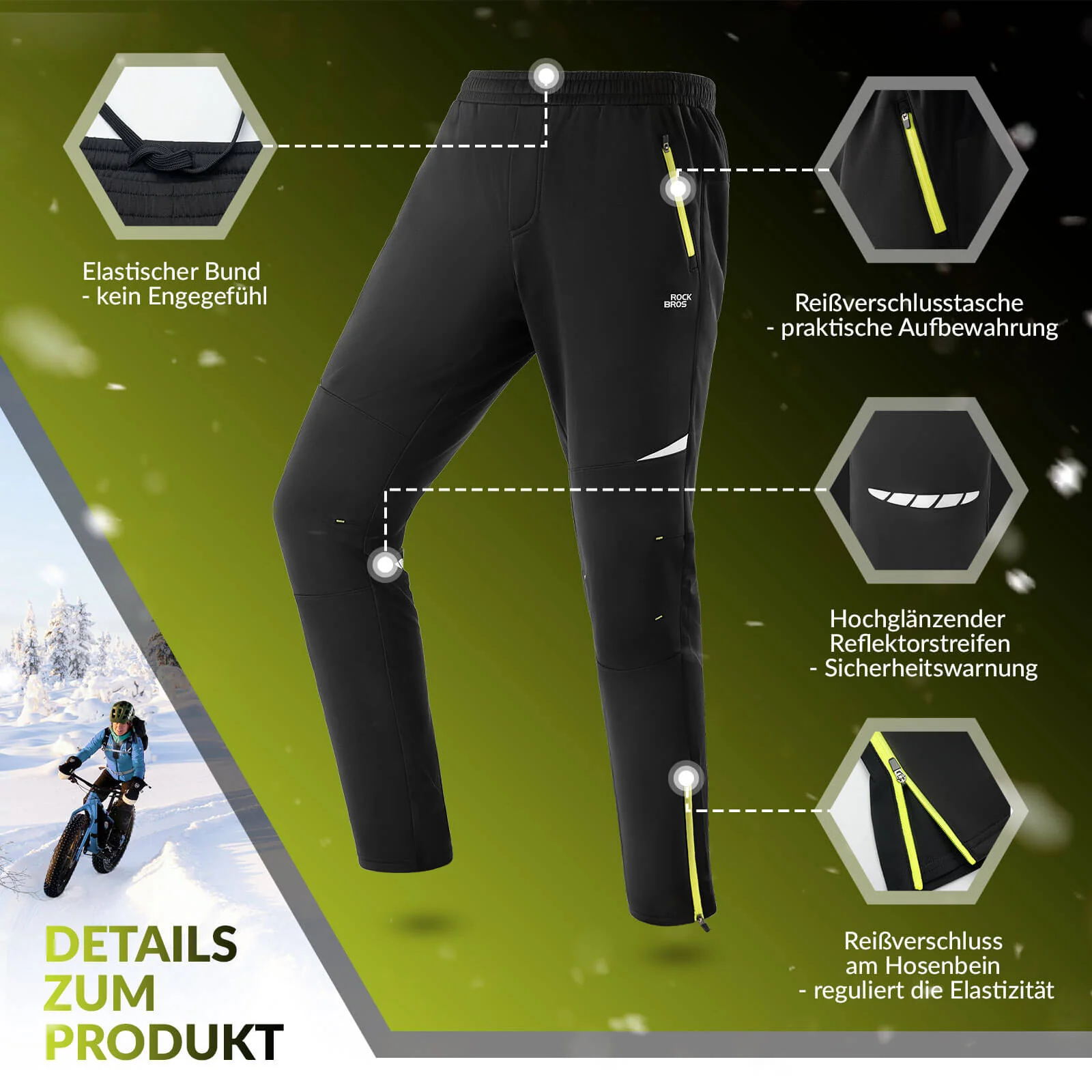 Pantalones de ciclismo para hombre, resistentes al viento y cálidos para deportes de invierno al aire libre, ROCKBROS - Imagen 6
