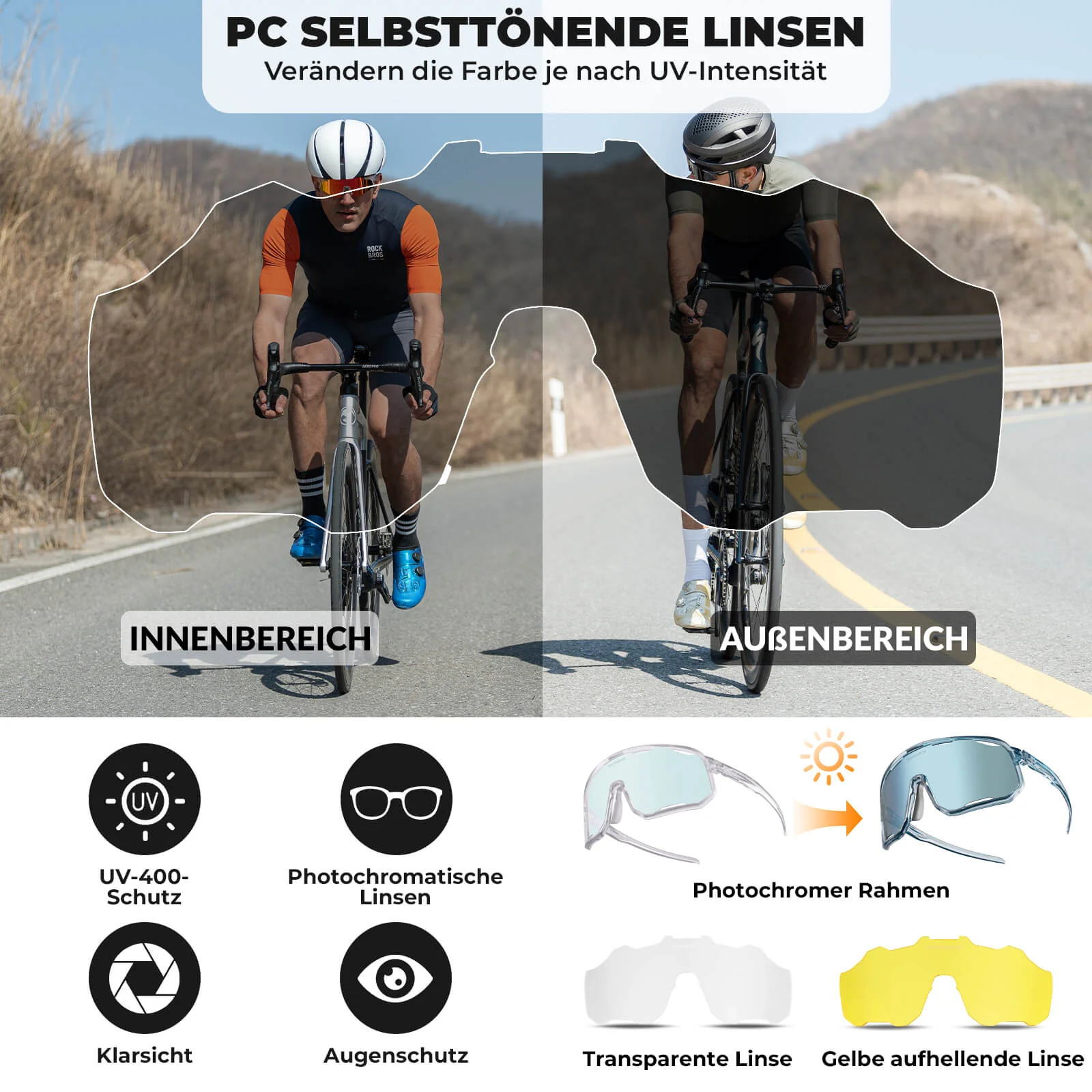 Gafas de ciclismo, gafas de sol fotocromáticas, protección UV, plaquetas nasales intercambiables, mujer/hombre, ROCKBROS - Imagen 9