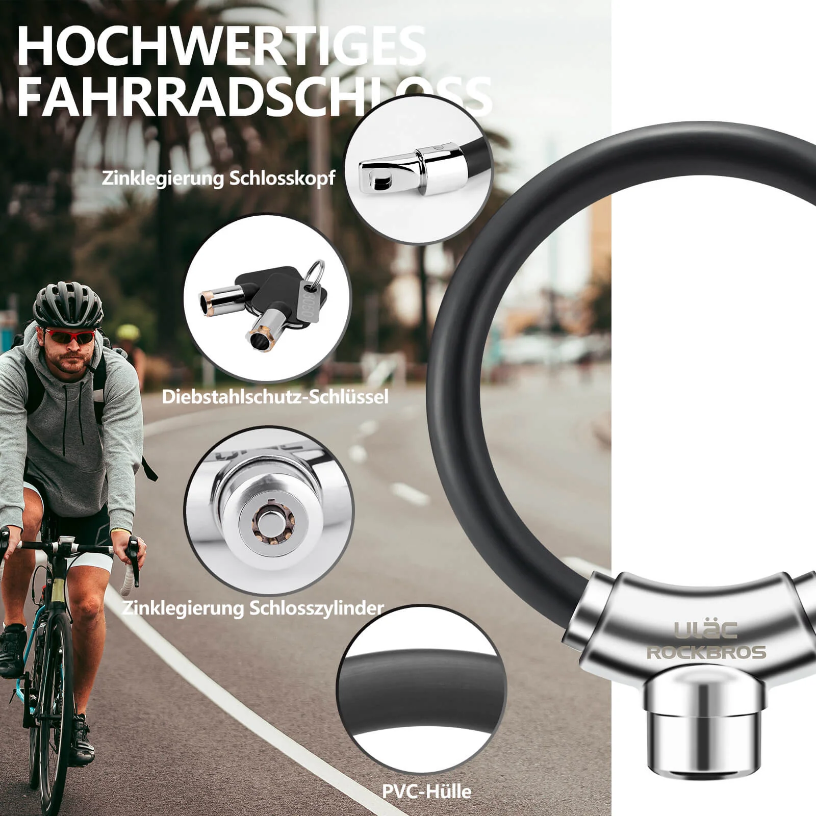 Candado de bicicleta con cable y cierres de velcro, no necesita llave, ROCKBROS - Imagen 7