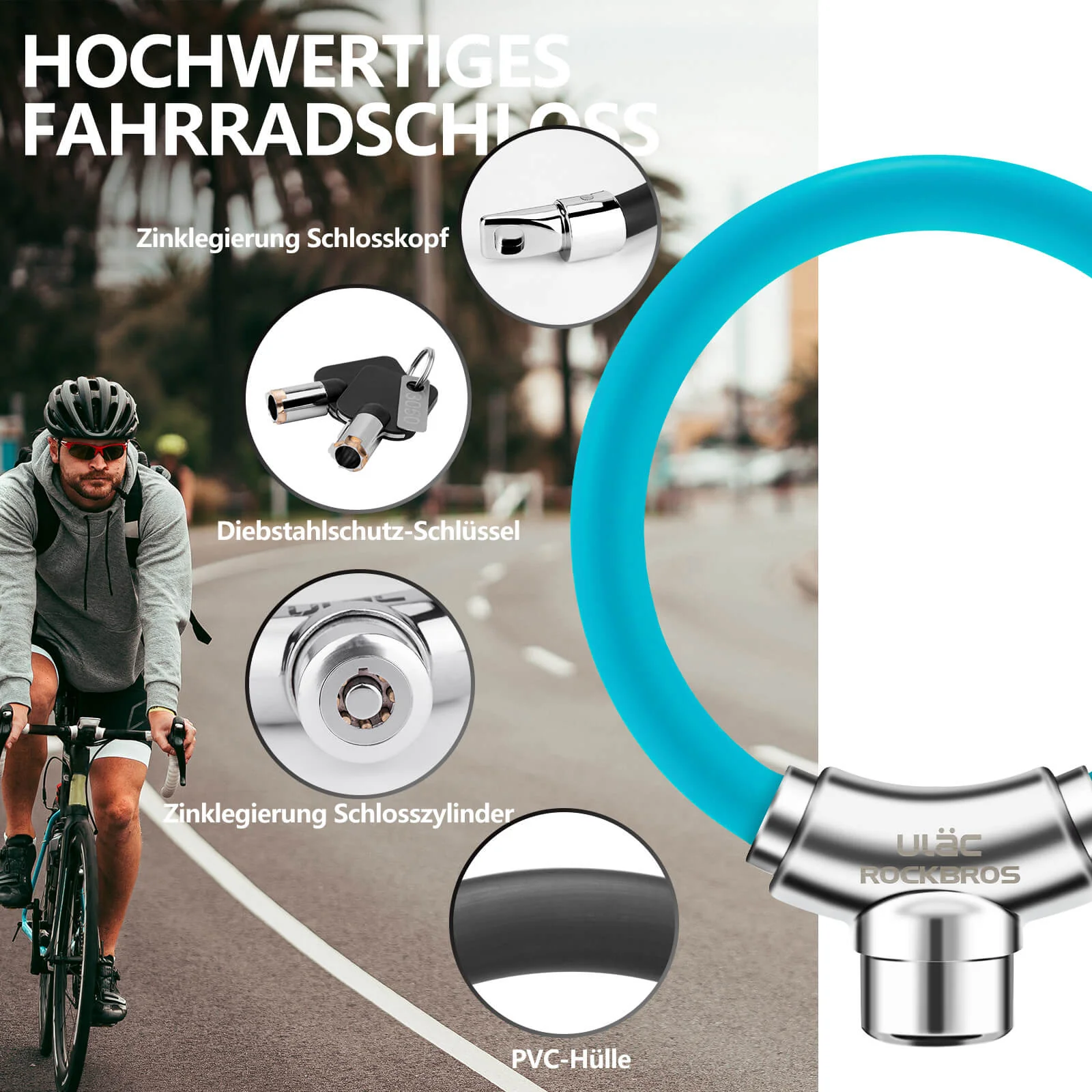 Candado de bicicleta con cable y cierres de velcro, no necesita llave, ROCKBROS - Imagen 9