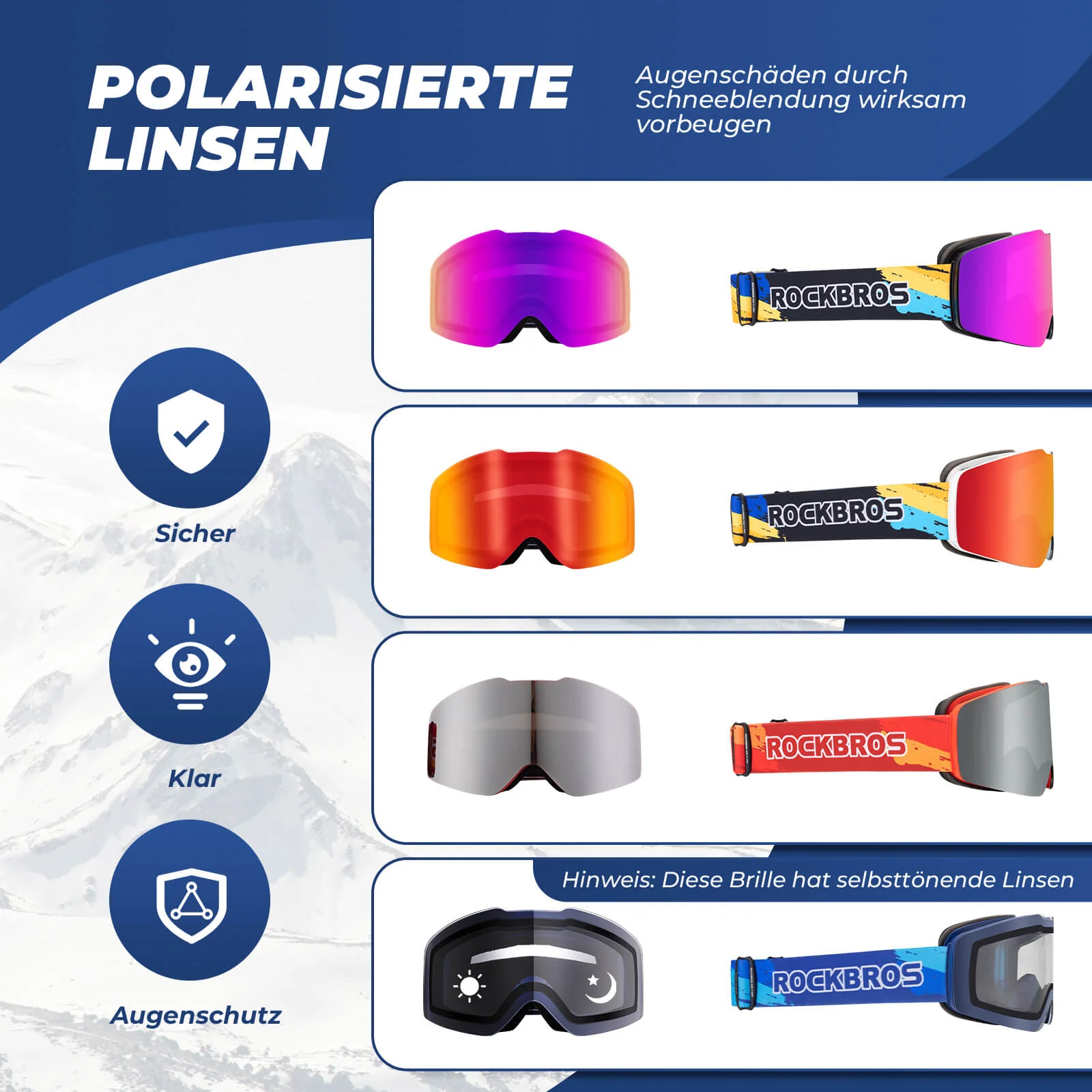 Gafas de esquí, gafas de nieve, polarizadas, gafas deportivas compatibles con casco, esquí, ROCKBROS - Imagen 8
