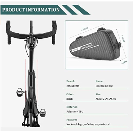 ROCKBROS B75 Bolsa para Cuadro de Bicicleta Bolsa Triangular 1.2L Negra - Imagen 3