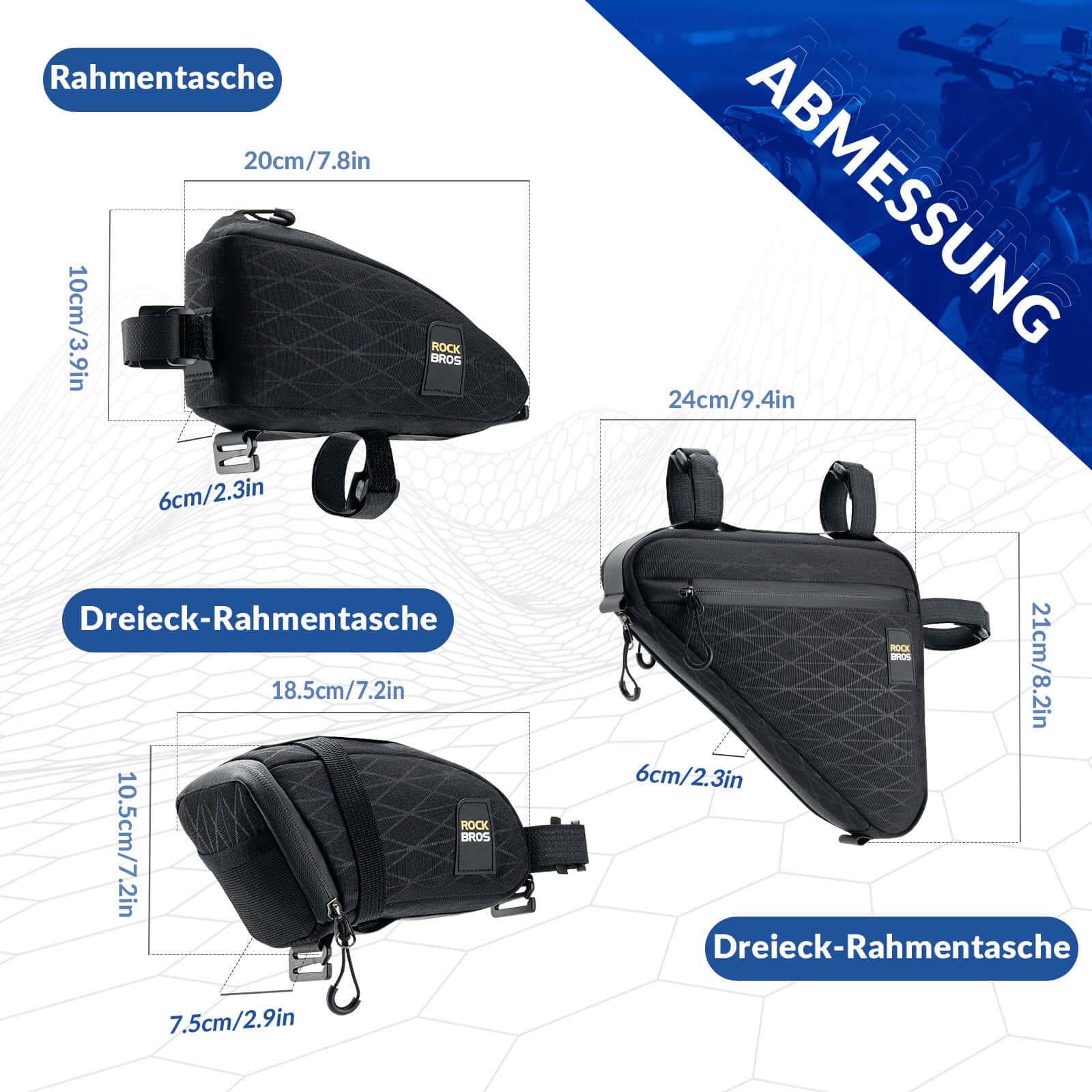 Juego de bolsas para bicicleta: 2 bolsas para cuadro y 1 bolsa para sillín con correa de hombro ajustable, 1,2 L, ROCKBROS - Imagen 3