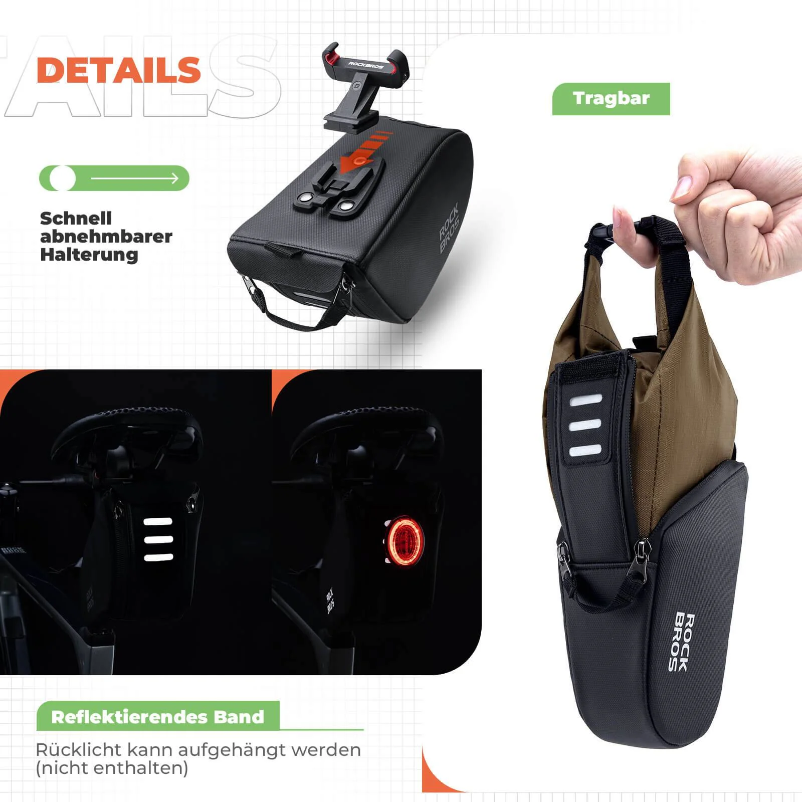 Bolsa de sillín, bolsa de bicicleta impermeable, expandible con bolsillo interior, ROCKBROS - Imagen 7