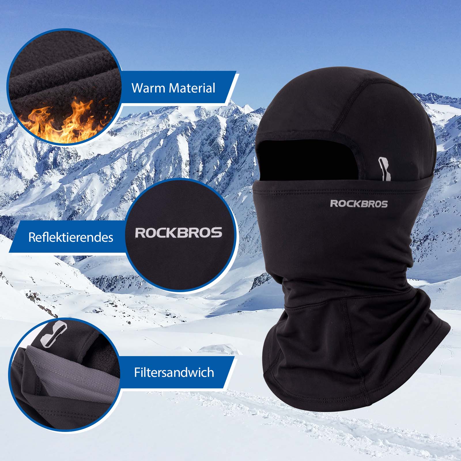 Pasamontañas, gorro cortavientos para debajo del casco, de forro polar cálido, negro, ROCKBROS - Imagen 3