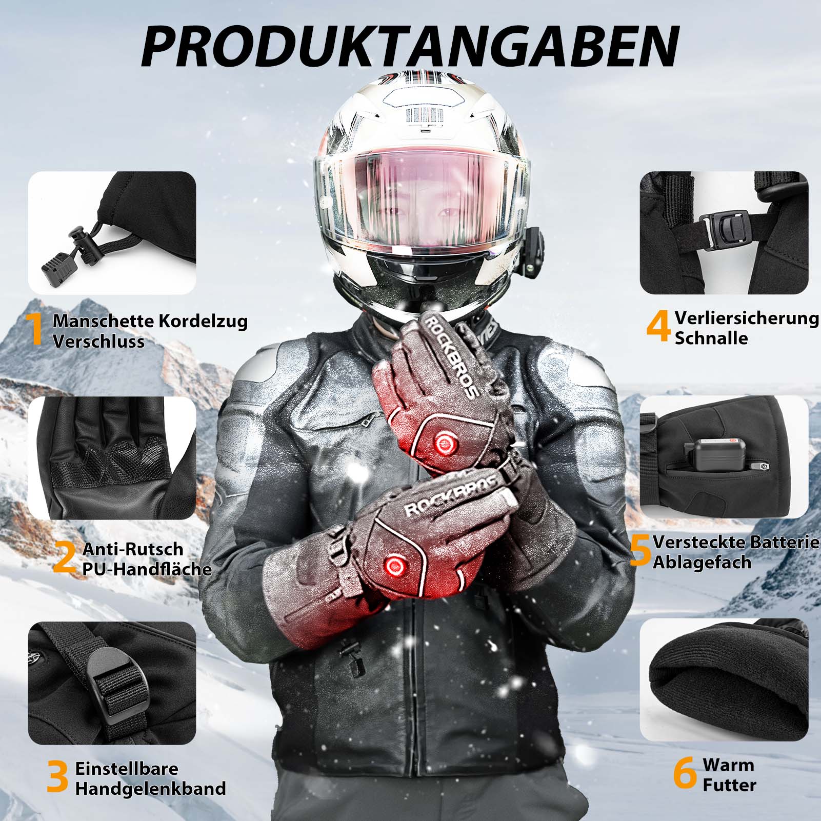 Guantes de esquí de invierno Guantes calefactables recargables Negro ROCKBROS - Imagen 5