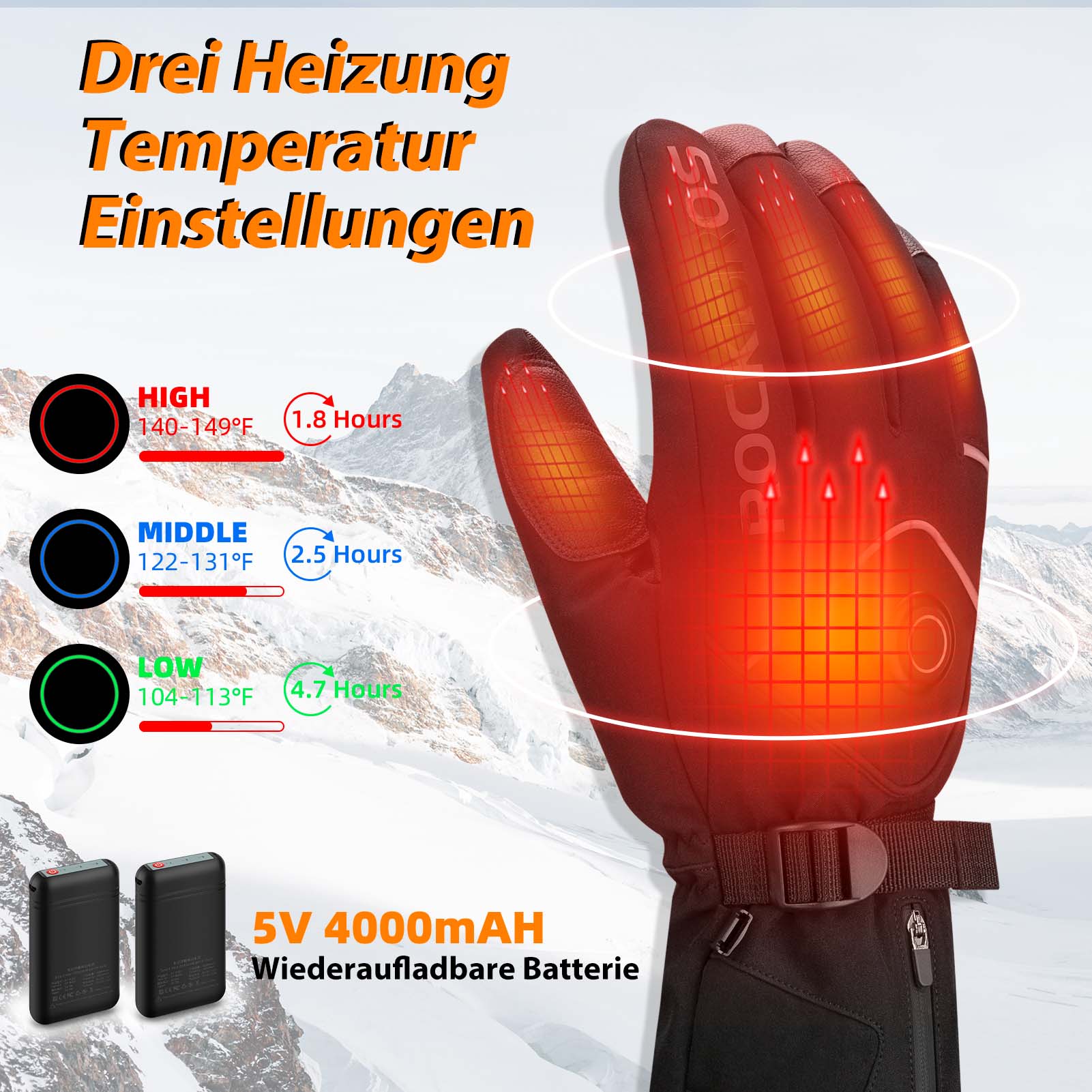 Guantes de esquí de invierno Guantes calefactables recargables Negro ROCKBROS - Imagen 4